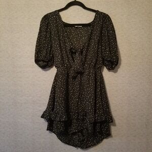 Allison & Kelly White Stars Speckled Black Romper Large Tie-Front Tiered Ruffles